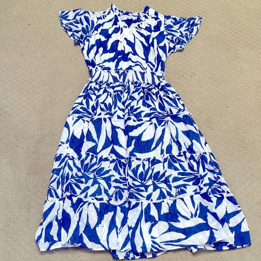 Chico's Flutter Sleeved Cobalt Blue and White Maxi Dress